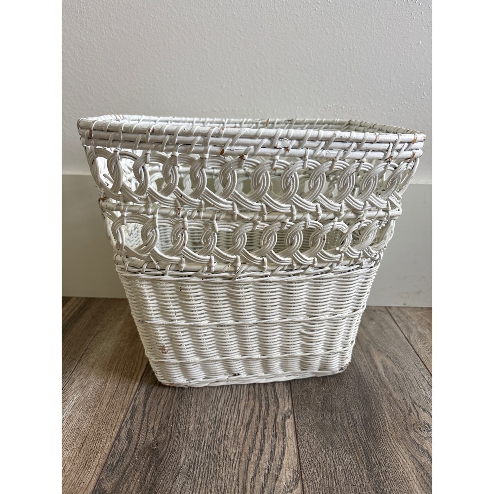Vintage 80's White Wicker Wastebasket Woven Loop Design Rectangular Trash